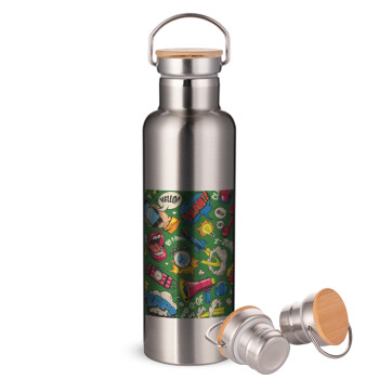 Pop art colorful seamless, Stainless steel Silver with wooden lid (bamboo), double wall, 750ml