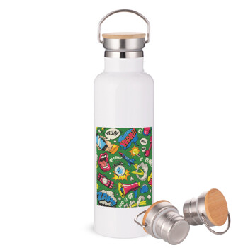 Pop art colorful seamless, Μεταλλικό παγούρι θερμός (Stainless steel) Λευκό με ξύλινο καπάκι (bamboo), διπλού τοιχώματος, 750ml