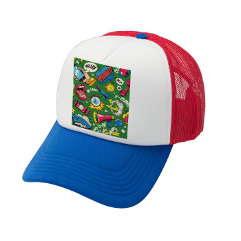 Pop art colorful seamless, Καπέλο Ενηλίκων Soft Trucker με Δίχτυ Red/Blue/White (POLYESTER, ΕΝΗΛΙΚΩΝ, UNISEX, ONE SIZE)