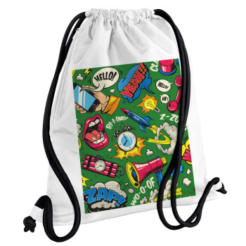 Pop art colorful seamless, Τσάντα πλάτης πουγκί GYMBAG λευκή, με τσέπη (40x48cm) & χονδρά κορδόνια