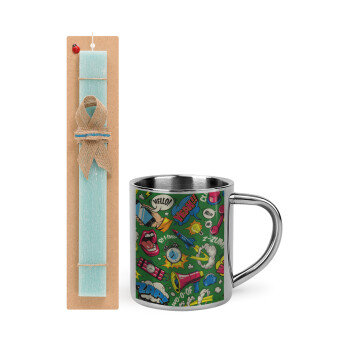 Pop art colorful seamless, Easter Set, metallic thermal cup (300ml) & aromatic flat Easter candle (30cm) (TURQUOISE)