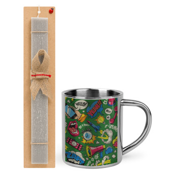 Pop art colorful seamless, Easter Set, metallic thermal cup (300ml) & Easter aromatic flat candle (30cm) (GRAY)