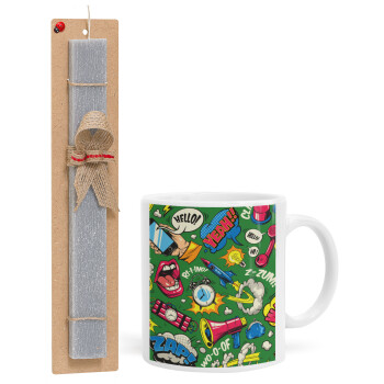 Pop art colorful seamless, Easter Set, Ceramic Cup (330ml) & Easter aromatic flat candle (30cm) (GRAY)