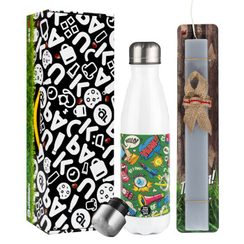 Pop art colorful seamless, Easter candle, metallic white thermos bottle (500ml) & aromatic flat candle (30cm) (GRAY)