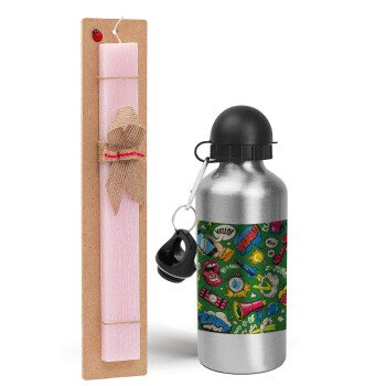 Pop art colorful seamless, Easter Set, metallic Silver aluminum water bottle (500ml) & scented flat Easter candle (30cm) (PINK)