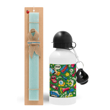 Pop art colorful seamless, Easter Set, metallic aluminum water bottle (500ml) & scented flat candle (30cm) (TURQUOISE)