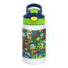 Children's hot water bottle, stainless steel, with safety straw, green, blue (350ml)