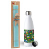 Easter Set, metallic stainless steel water bottle (750ml) & aromatic flat Easter candle (30cm) (TURQUOISE)