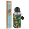 Easter Set, metallic silver aluminum water bottle (500ml) & scented flat Easter candle (30cm) (TURQUOISE)