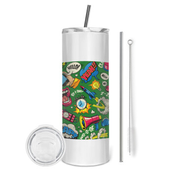 Pop art colorful seamless, Eco friendly ποτήρι θερμό (tumbler) από ανοξείδωτο ατσάλι 600ml, με μεταλλικό καλαμάκι & βούρτσα καθαρισμού