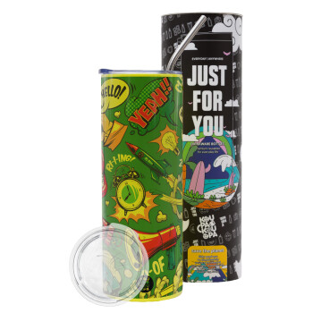 Pop art colorful seamless, Neon Yellow Travel Tumbler θερμό, μεταλλικό καλαμάκι(Ανωξείδωτο 304 Food grade, BPA free, 600ml)