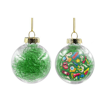 Pop art colorful seamless, Χριστουγεννιάτικη μπάλα δένδρου διάφανη με πράσινο γέμισμα 8cm