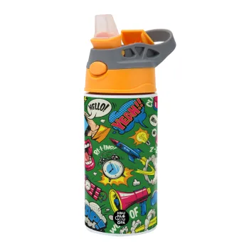 Pop art colorful seamless, Παιδικό παγούρι θερμό, ανοξείδωτο, με καλαμάκι ασφαλείας, Πορτοκαλί/Γκρι (360ml) BPA-FREE