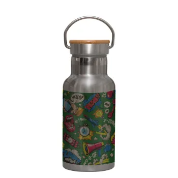 Pop art colorful seamless, Stainless steel metallic thermos flask, silver with a bamboo lid, double-walled, 350ml.