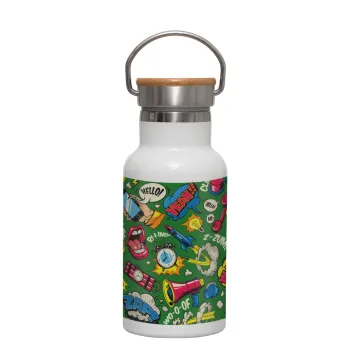 Pop art colorful seamless, Metallic thermos (Stainless steel) White with wooden lid (bamboo), double-walled, 350ml