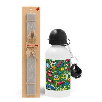 Pop art colorful seamless, Easter Set, metallic aluminum water bottle (500ml) & aromatic flat Easter candle (30cm) (GRAY)