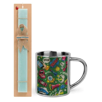 Pop art colorful seamless, Easter Set, metallic thermal cup (300ml) & aromatic flat Easter candle (30cm) (TURQUOISE)