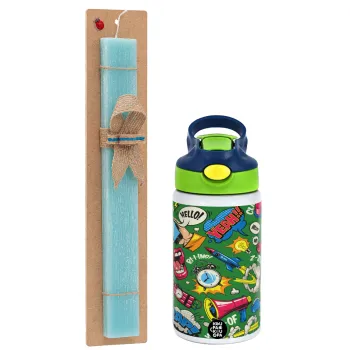 Pop art colorful seamless, Easter Set, Children's thermal stainless steel bottle with safety straw, green/blue (350ml) & aromatic flat Easter candle (30cm) (TURQUOISE)