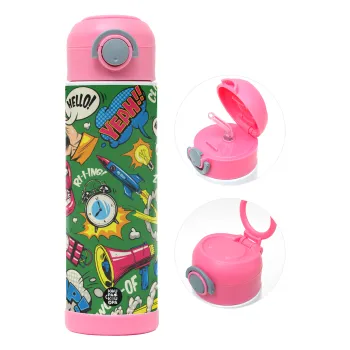 Pop art colorful seamless, Children's hot water bottle, stainless steel, with safety straw, PINK (500ml)