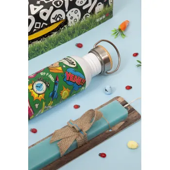 Pop art colorful seamless, Easter Set, metallic silver aluminum water bottle (500ml) & scented flat Easter candle (30cm) (TURQUOISE)