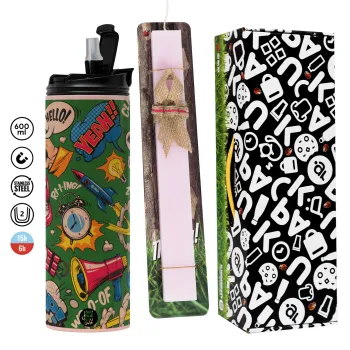 Pop art colorful seamless, Easter candle,Travel Tumbler 2 Lids, with metal straw & cleaning brush & aromatic flat candle (30cm) (PINK)