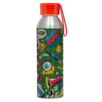 Pop art colorful seamless, Aluminum Sports Bottle 650ml – Silver with Red Cap and Silicone Strap