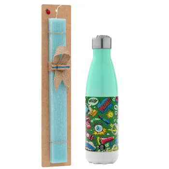 Pop art colorful seamless, Easter Set, Metallic green/white thermos (Stainless steel), double-walled, 500ml & scented flat Easter candle (30cm) (TURQUOISE)