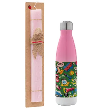Pop art colorful seamless, Easter Set, Metallic pink/white (Stainless steel) thermos, double-walled, 500ml & aromatic flat Easter candle (30cm) (PINK)