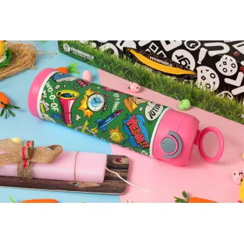 Pop art colorful seamless, Πασχαλινή Λαμπάδα με Παιδικό παγούρι θερμό, ανοξείδωτο, με καλαμάκι ασφαλείας, ΡΟΖ (500ml)