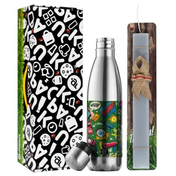 Pop art colorful seamless, Easter Set, metallic stainless thermos flask (500ml) & scented flat Easter candle (30cm) (GRAY)