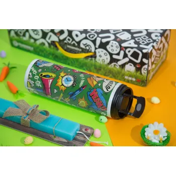 Pop art colorful seamless, Πασχαλινή Λαμπάδα με Travel Tumbler θερμό με διπλό καπάκι (600ml, BPA free) & κερί αρωματικό πλακέ (30cm) (ΤΙΡΚΟΥΑΖ)