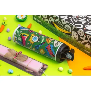 Pop art colorful seamless, Πασχαλινή Λαμπάδα με Travel Tumbler θερμό με διπλό καπάκι (600ml, BPA free) & κερί αρωματικό πλακέ (30cm) (ΡΟΖ)