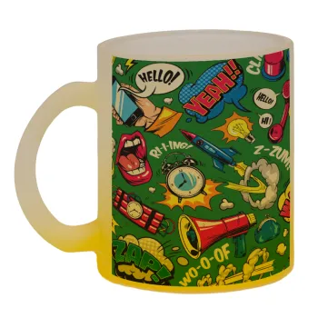 Pop art colorful seamless, Κούπα γυάλινη δίχρωμη με βάση το κίτρινο ματ, 330ml