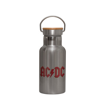 AC/DC, Μεταλλικό παγούρι θερμός (Stainless steel) Ασημένιο με ξύλινο καπακι (bamboo), διπλού τοιχώματος, 350ml