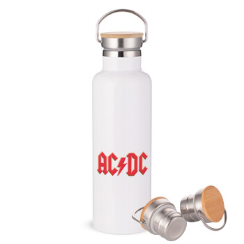 AC/DC, Μεταλλικό παγούρι θερμός (Stainless steel) Λευκό με ξύλινο καπάκι (bamboo), διπλού τοιχώματος, 750ml