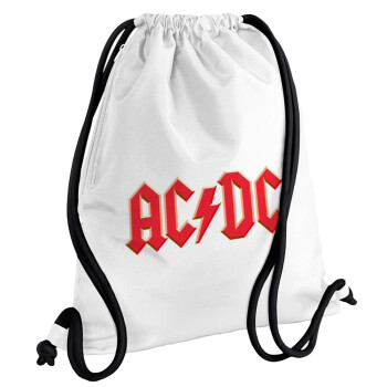 AC/DC, Backpack pouch GYMBAG white, with pocket (40x48cm) & thick cords