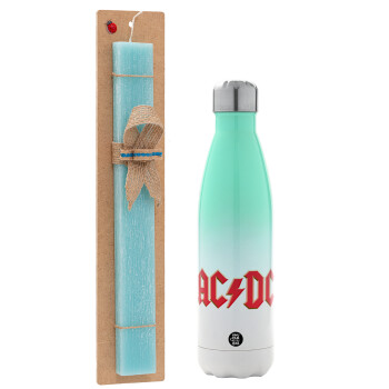 AC/DC, Easter Set, Metallic green/white thermos (Stainless steel), double-walled, 500ml & scented flat Easter candle (30cm) (TURQUOISE)