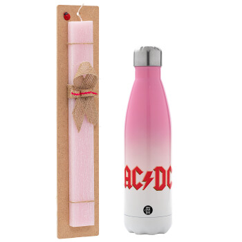 AC/DC, Easter Set, Metallic pink/white (Stainless steel) thermos, double-walled, 500ml & aromatic flat Easter candle (30cm) (PINK)