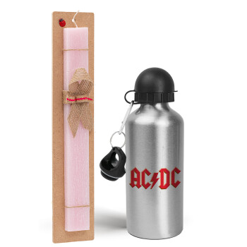 AC/DC, Easter Set, metallic Silver aluminum water bottle (500ml) & scented flat Easter candle (30cm) (PINK)