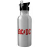 Water bottle Silver with straw, stainless steel 600ml