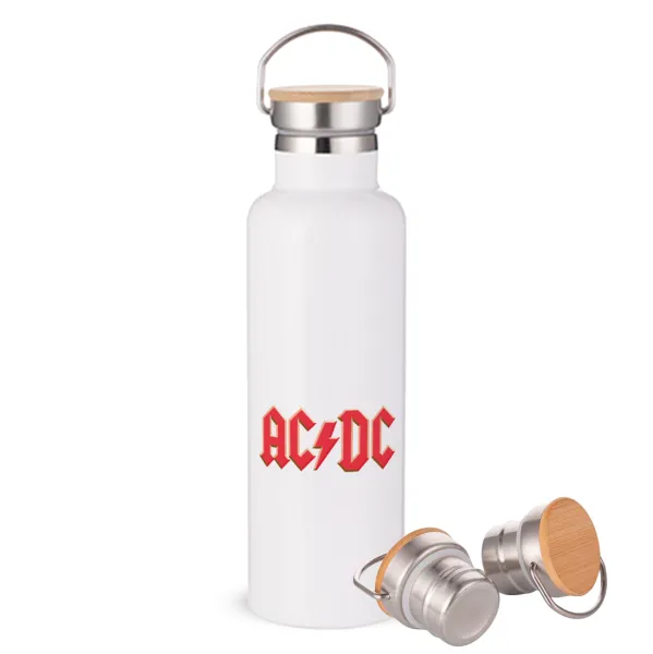 AC/DC — Μεταλλικό παγούρι θερμός (Stainless steel) Λευκό με ξύλινο καπάκι (bamboo), διπλού τοιχώματος, 750ml