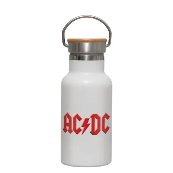 AC/DC, Μεταλλικό παγούρι θερμός (Stainless steel) Λευκό με ξύλινο καπακι (bamboo), διπλού τοιχώματος, 350ml