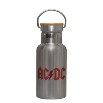 AC/DC, Μεταλλικό παγούρι θερμός (Stainless steel) Ασημένιο με ξύλινο καπακι (bamboo), διπλού τοιχώματος, 350ml
