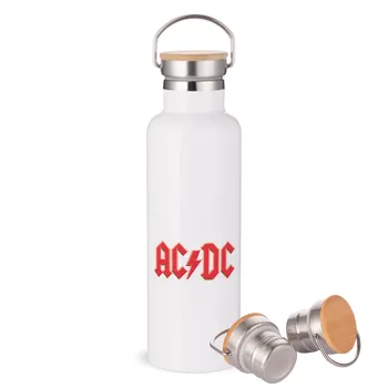AC/DC, Μεταλλικό παγούρι θερμός (Stainless steel) Λευκό με ξύλινο καπάκι (bamboo), διπλού τοιχώματος, 750ml