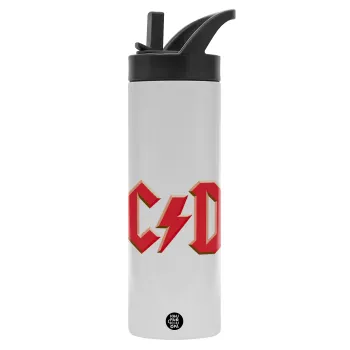 AC/DC, Μεταλλικό παγούρι θερμός με καλαμάκι & χειρολαβή, ανοξείδωτο ατσάλι (Stainless steel 304), διπλού τοιχώματος, 600ml