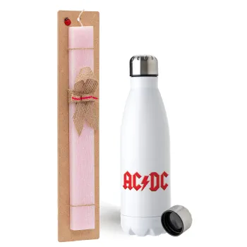 AC/DC, Easter Set, metallic stainless steel water bottle (750ml) & scented flat Easter candle (30cm) (PINK)
