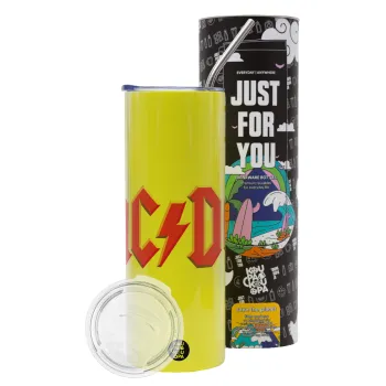 AC/DC, Neon Yellow Travel Tumbler θερμό, μεταλλικό καλαμάκι(Ανωξείδωτο 304 Food grade, BPA free, 600ml)