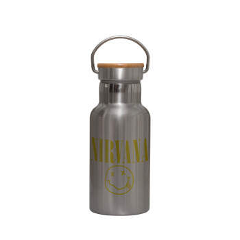 Nirvana, Stainless steel metallic thermos flask, silver with a bamboo lid, double-walled, 350ml.