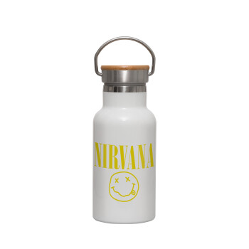 Nirvana, Μεταλλικό παγούρι θερμός (Stainless steel) Λευκό με ξύλινο καπακι (bamboo), διπλού τοιχώματος, 350ml