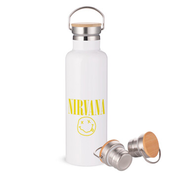 Nirvana, Μεταλλικό παγούρι θερμός (Stainless steel) Λευκό με ξύλινο καπακι (bamboo), διπλού τοιχώματος, 750ml
